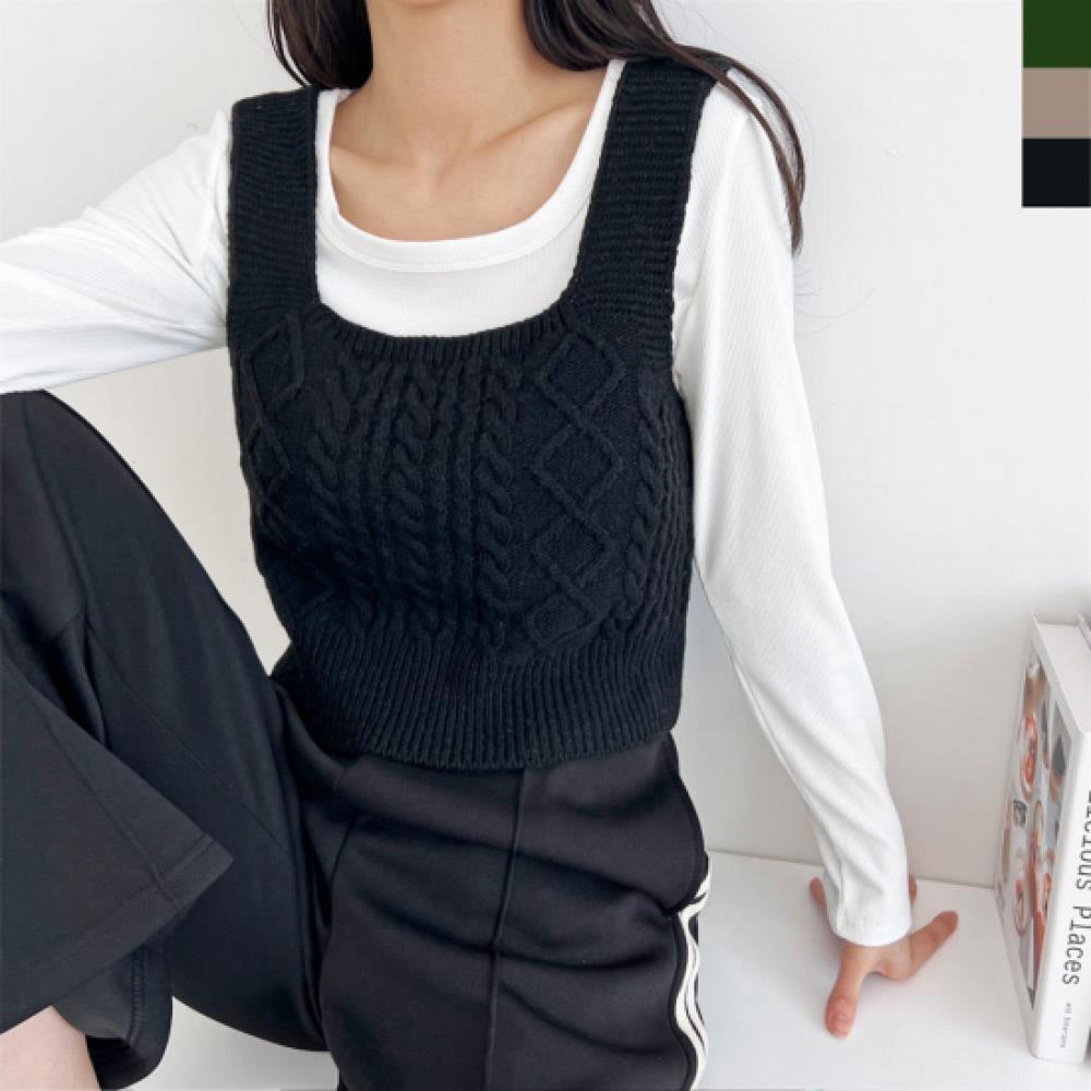 New Arrivals Open Run Women Solid Color Cable Knit Square Neck Vest