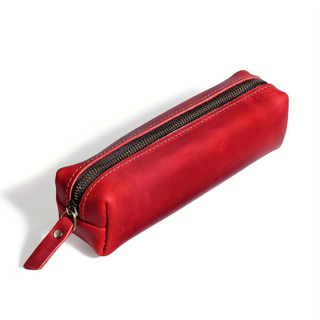 Crazy Horse Genuine Leather Zippered Pencil Case - Premium Leather Stationery Organizer with Black Zipper, Compact Pen Holder for Students