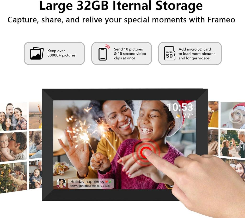16palcový digitální fotorámeček s dotykovým displejem, speciálně navržený pro zobrazování fotografií a videí z mobilních zařízení