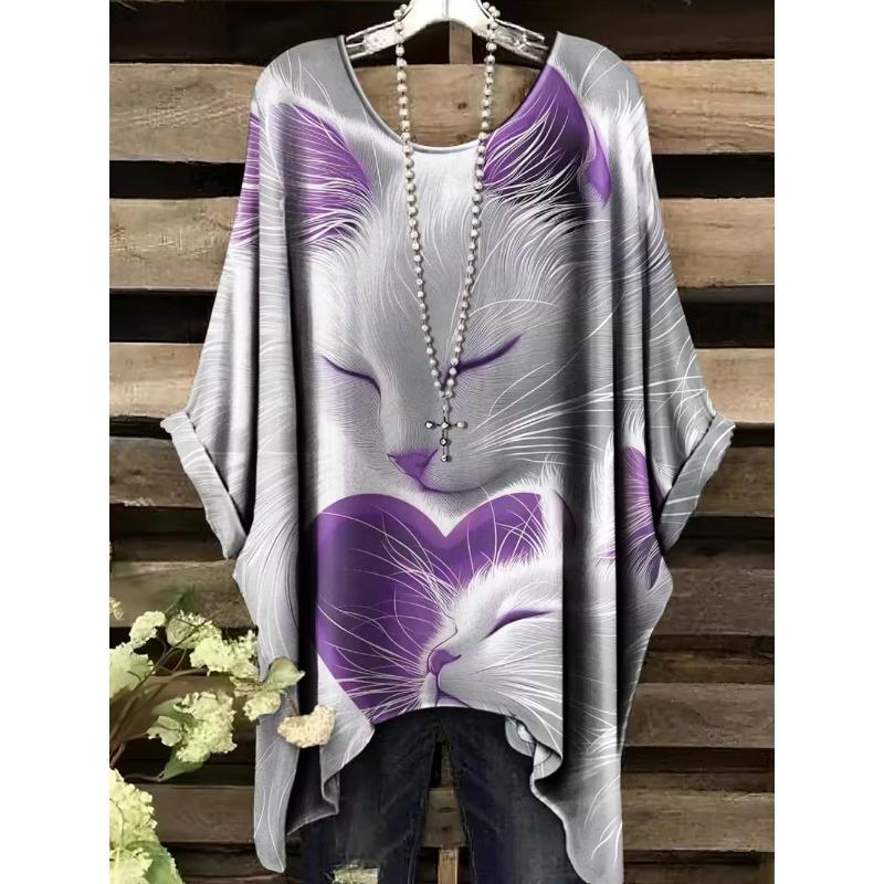 Camiseta Retro para Mujer Gráfico de Gato Anime Ropa de Chica Verano Cuello Redondo Manga Corta Camisetas Femeninas Harajuku Streetwear Blusa Oversized
