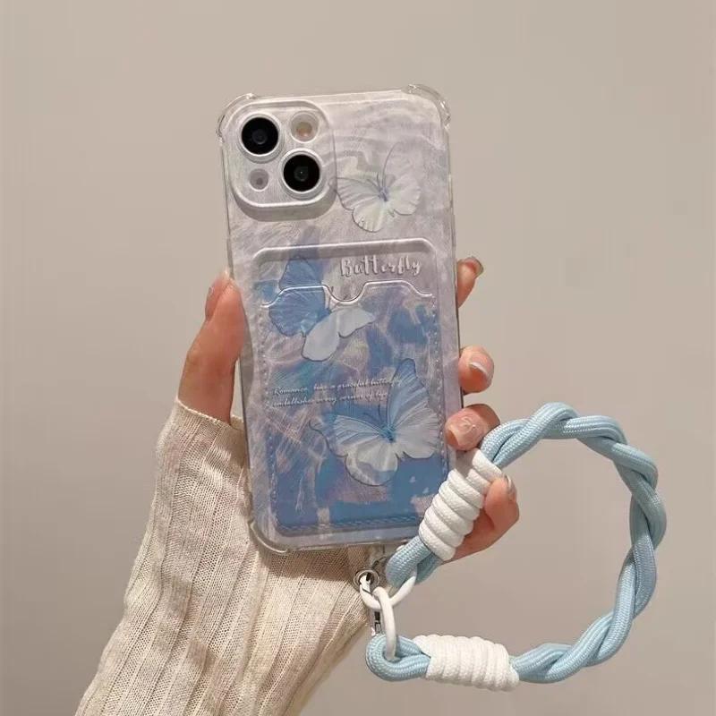 Butterfly Card Holder Pocket With Lanyard Case For Samsung Galaxy S25 Edge S23 S24 S25 Ultra S22 S21 Plus S20 FE Cover Cute Soft