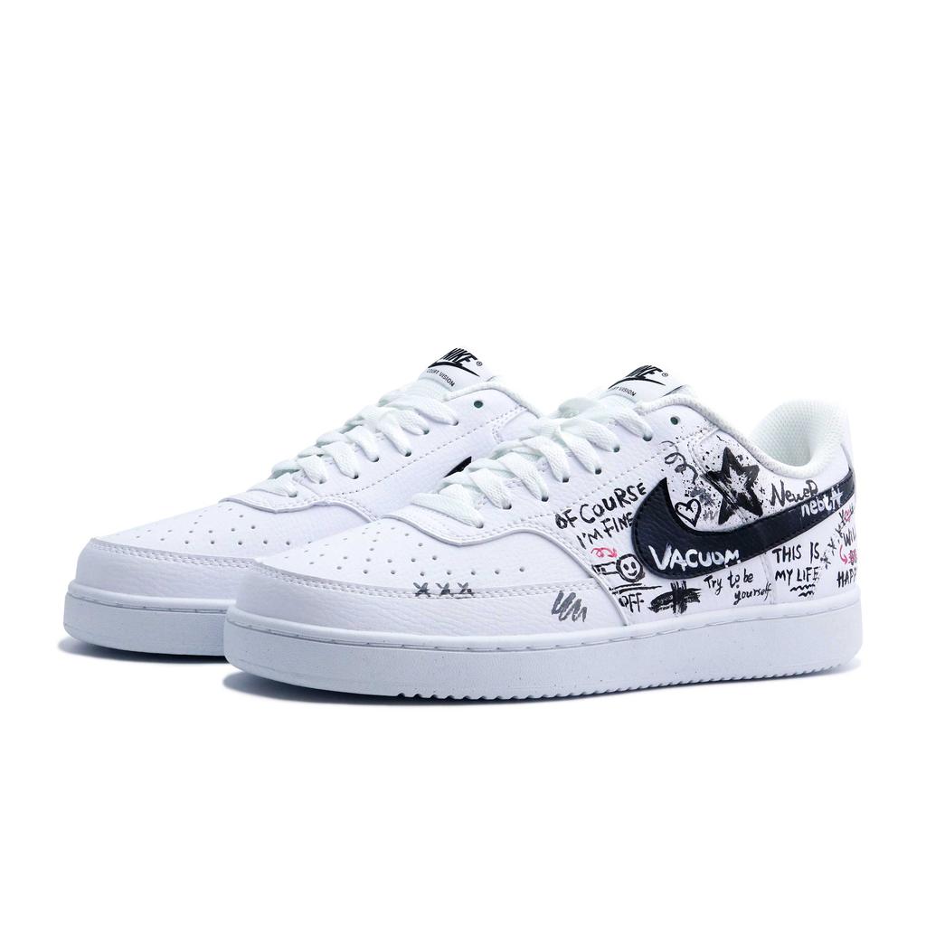 Nike Court Vision 1 Graffiti Star Slip Resistant Lightweight Low top Skateboard Shoes Men's Black White DH2987-101(team848-)