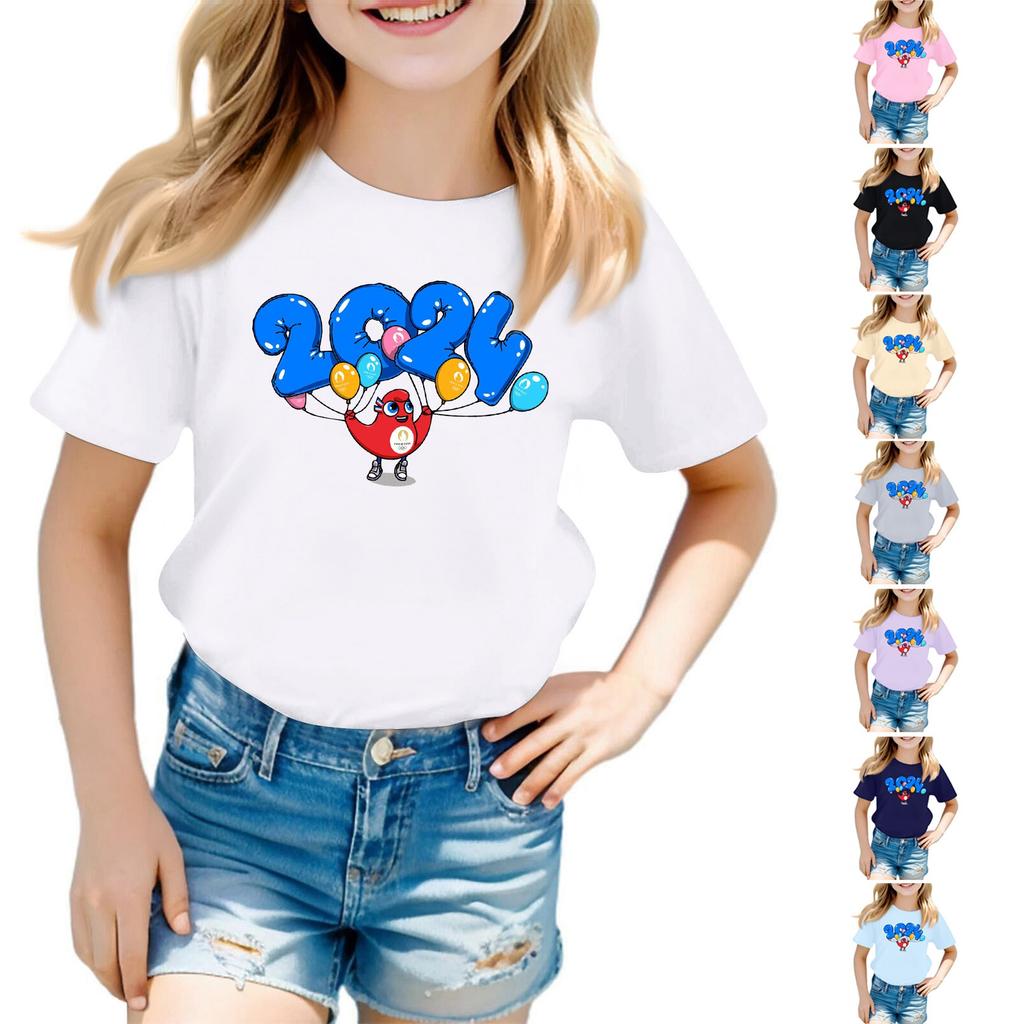 Lässiges lockeres bedrucktes T-Shirt Rundhals-Pullover Kurzarm-Top für Kinder Jugendliche