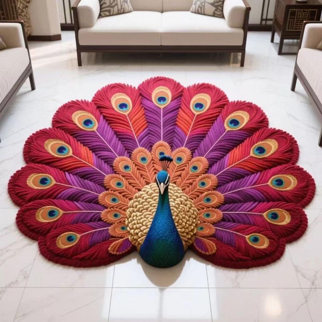 3D Peacock Floral Round Carpet Plush Print Area Rug Home Decoration Non Slip Easy Care Living Room Sofa