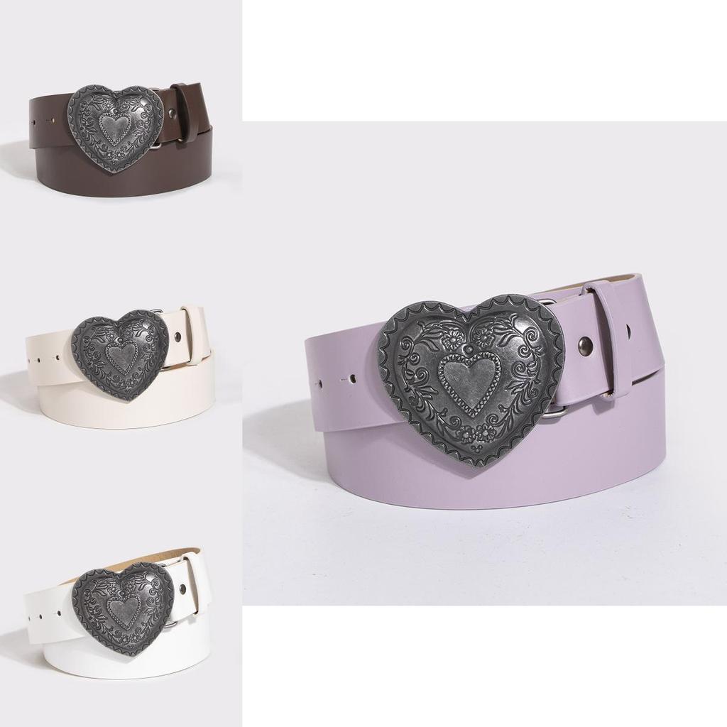 Retro Heart Pattern Leather Look Belt With Pin Buckle For Young Women Casual Fashion