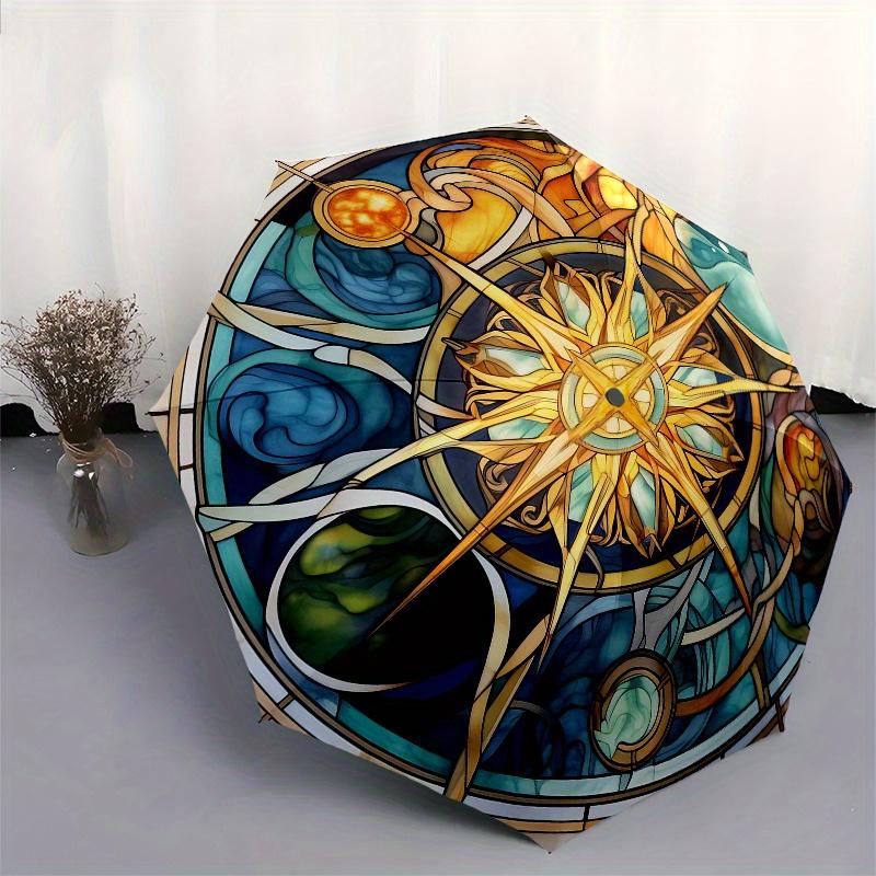 Stained Compass Rose Window ArtUmbrella, Portable 3-Fold Compact Umbrella for Men & Women Gift