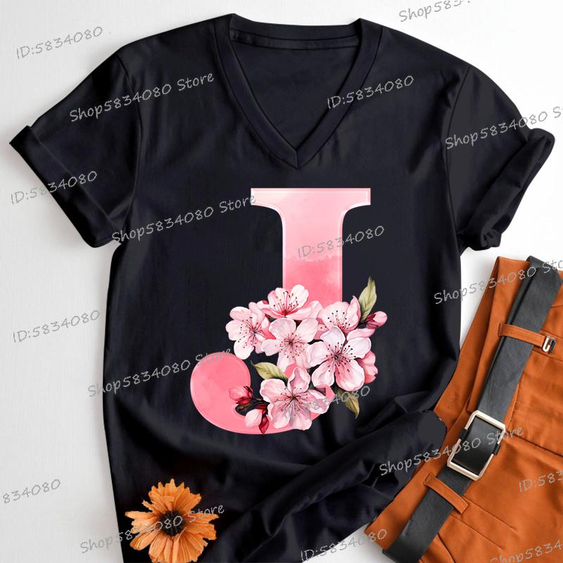 Pink Sakura Alphabet Shirts Gift for Women Letter S Floral Monogram Cartoon Tshirt Cherry Blossom Letters A B C D Casual Tops