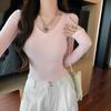 Spice Girl V-Neck Front Shoulder Long Sleeve T-Shirt Women's Spring and Autumn Slim-Fit Bottom Shirt Short Versatile Waist Top