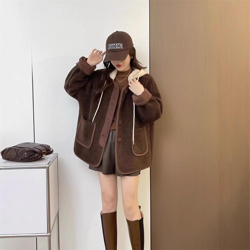 Women's Hooded Lamb Wool Coat 2024 - Casual Loose Fleece for Autumn and Winter