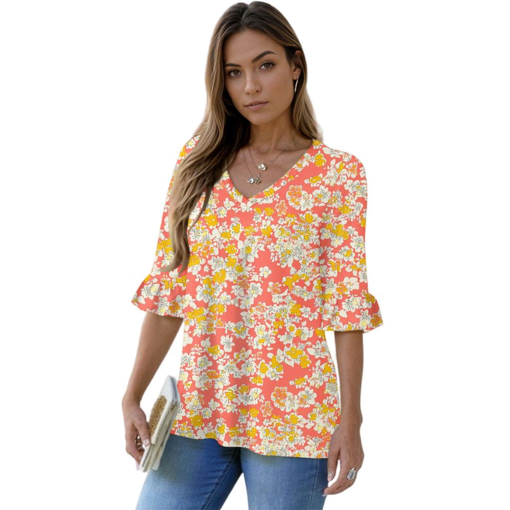 Women's Casual 3/4 Sleeve Tops V-Neck Sleeve T-Shirt Floral Print Tops