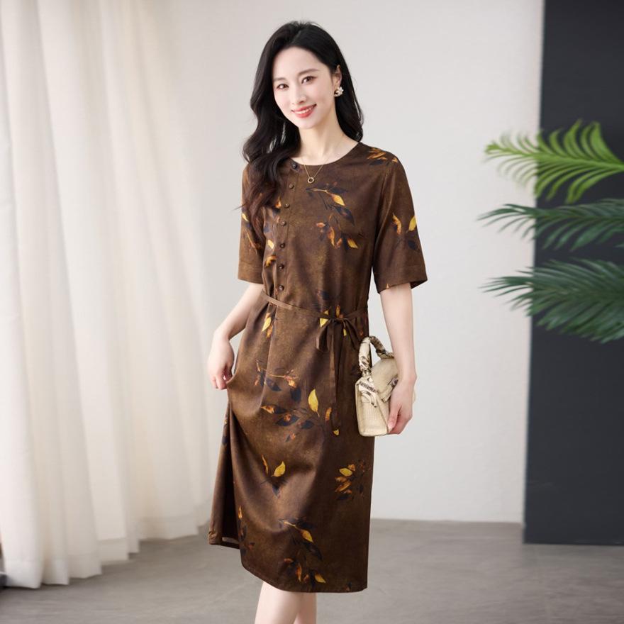 

Модное платье из тонкого шелка с завышенной талией, новое весенне-летнее платье из принтованного шелка средней длины А-силуэта 4XL темно-коричневого