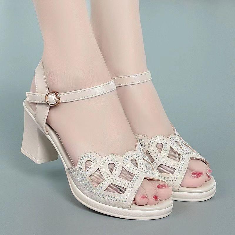 Real soft leather fish mouth mesh hollowed sandals women's thick heel summer new one-word buckle middle heel versatile non-slip shoes children