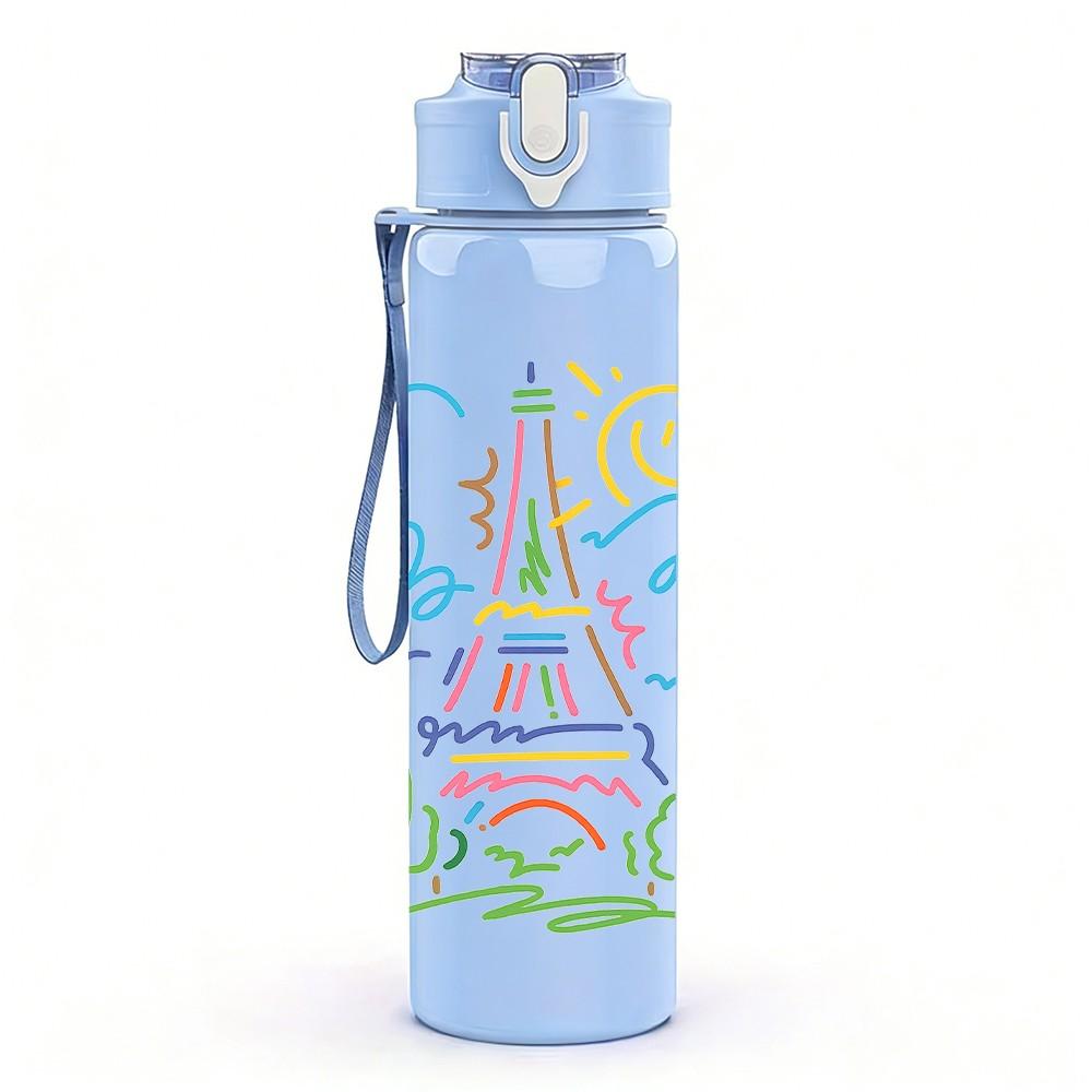 1PC Simple Eiffel Tower Line Drawing Print 750ml Color Plastic Sports Water Bottle Leakproof Flip Straw Lid Suitable for Sports Office Home Use