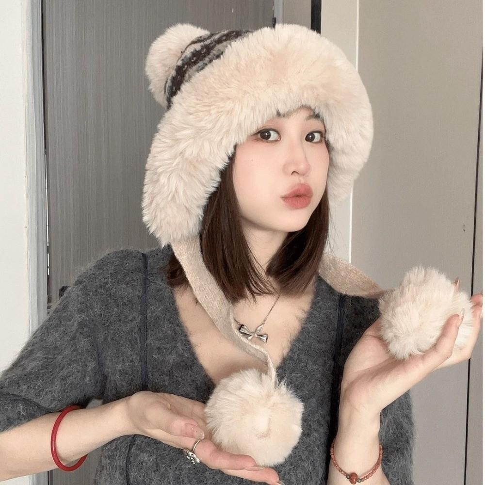 Warm Knitted Plush Hat Windproof Pullover Beanie Hat Casual Ear Protection Hat Skiing