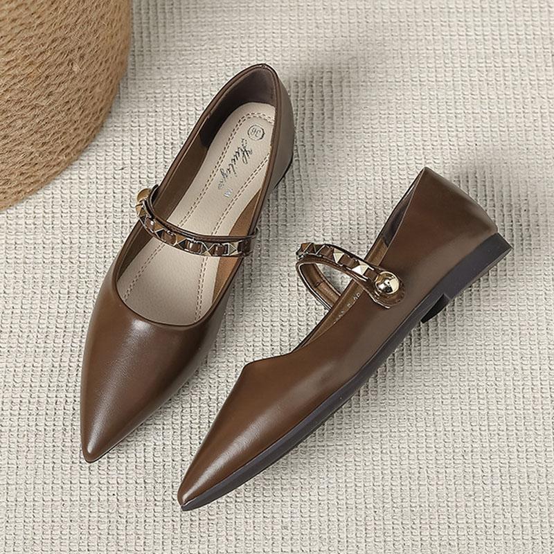 Soft Sole Flats Women's Fashion Rivet Buckle Straps Mary Jane Shoes Elegant Pointed-toe Pumps Lady Microfiber Leather Work Shoes