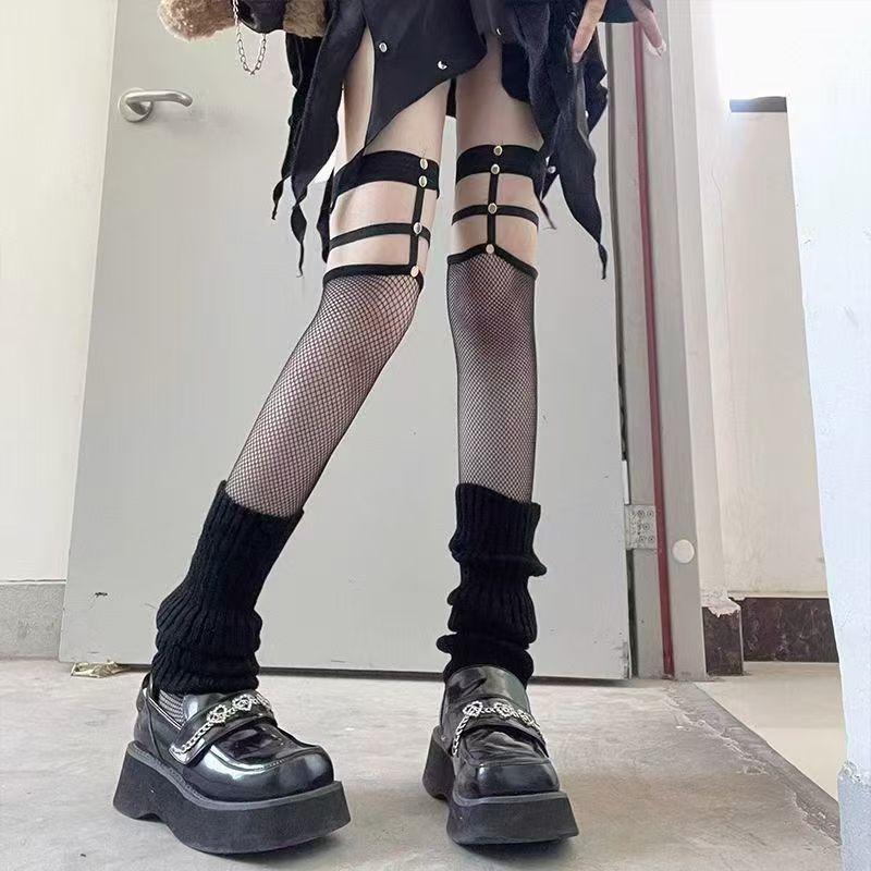 Ladies' Black Rivet Fishing Net Knee High Socks Hollow Socks Long Black Silk Suspender Sexy Silk Mesh Stockings