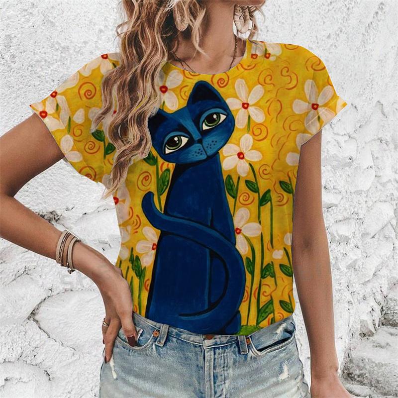 Music Cat Pattern T-Shirt For Women Funny Animal 3D Printed Tees Summer Harajuku Round Neck T Shirts Short Sleeves Loose Tops