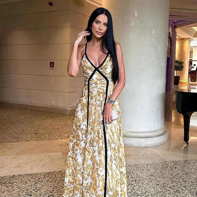 

Элегантное длинное платье-комбинация с принтом, пэчворк, глубокий V-образный вырез, плиссированное, облегающее, без рукавов, вечернее платье макси, халат для леди в отпуске L жёлтый