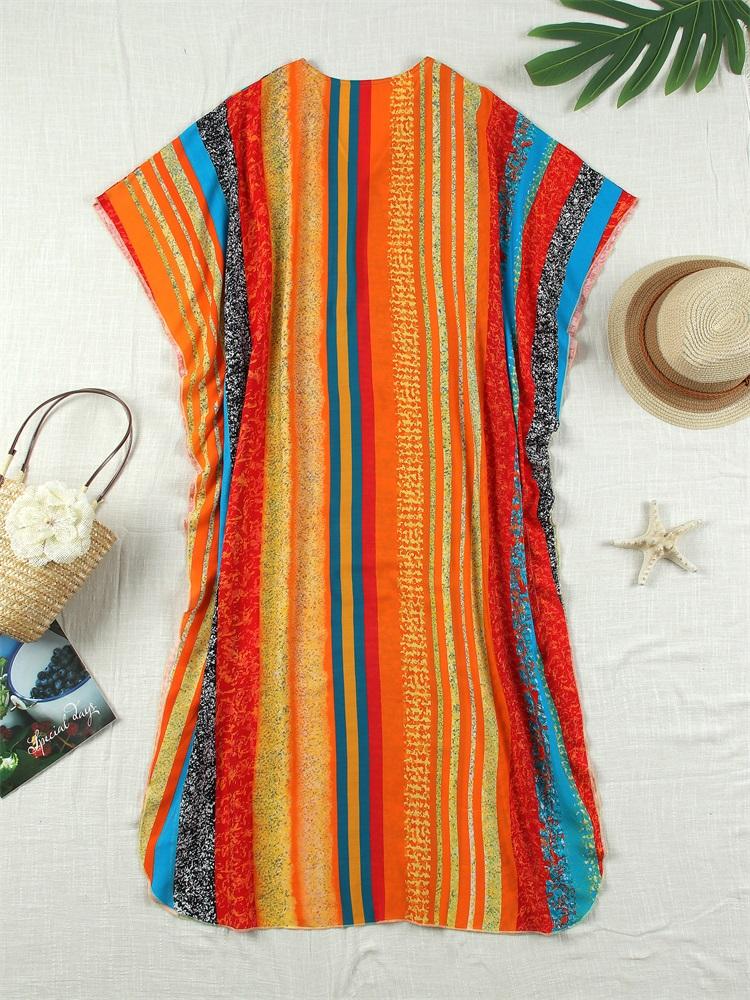 EDOLYNSA 2024 Bohemian Colorful Printed Free Kaftan Mrs Roper Long Dress Summer Vacation Beach Swimsuit Cover Up Cozy Homewear Robe Q1690