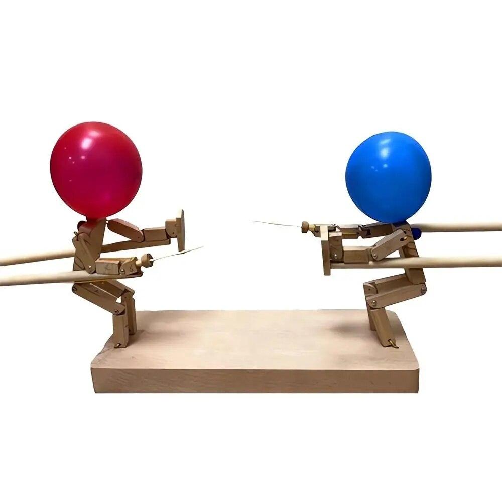 New Handmade Wooden Fencing Puppets - Balloon Bamboo Man Battle, Wooden Bots Battle Game for 2 Players, Whack a Balloon Party Games