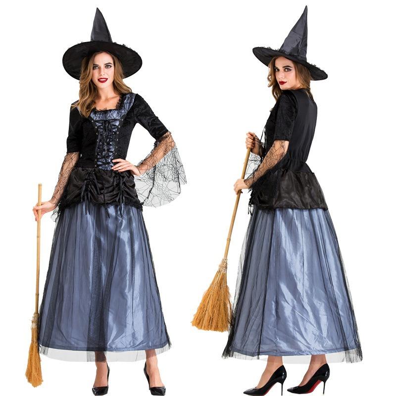Costume da Strega Halloween per Donna Adulta Pizzo Rete Vestito da Strega Nero Abbigliamento Donna