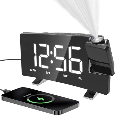 

GHDVOP Цифровой светодиодный будильник, Настольные часы с большим 7-дюймовым экраном, Легко читаемая потолочная проекция, Вращающаяся на 180° проекция, Стильный дизайн, Авто