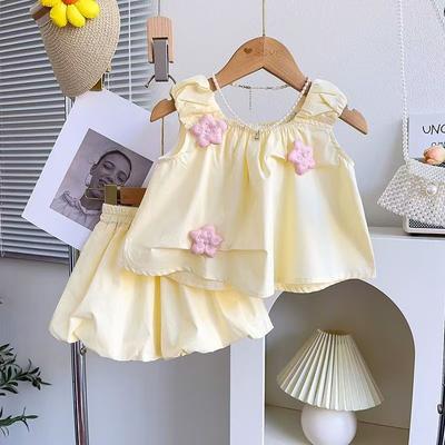 Girl's Three-dimensional Flower Bud Set Summer Cute Sleeveless Top and Shorts Two-piece Set