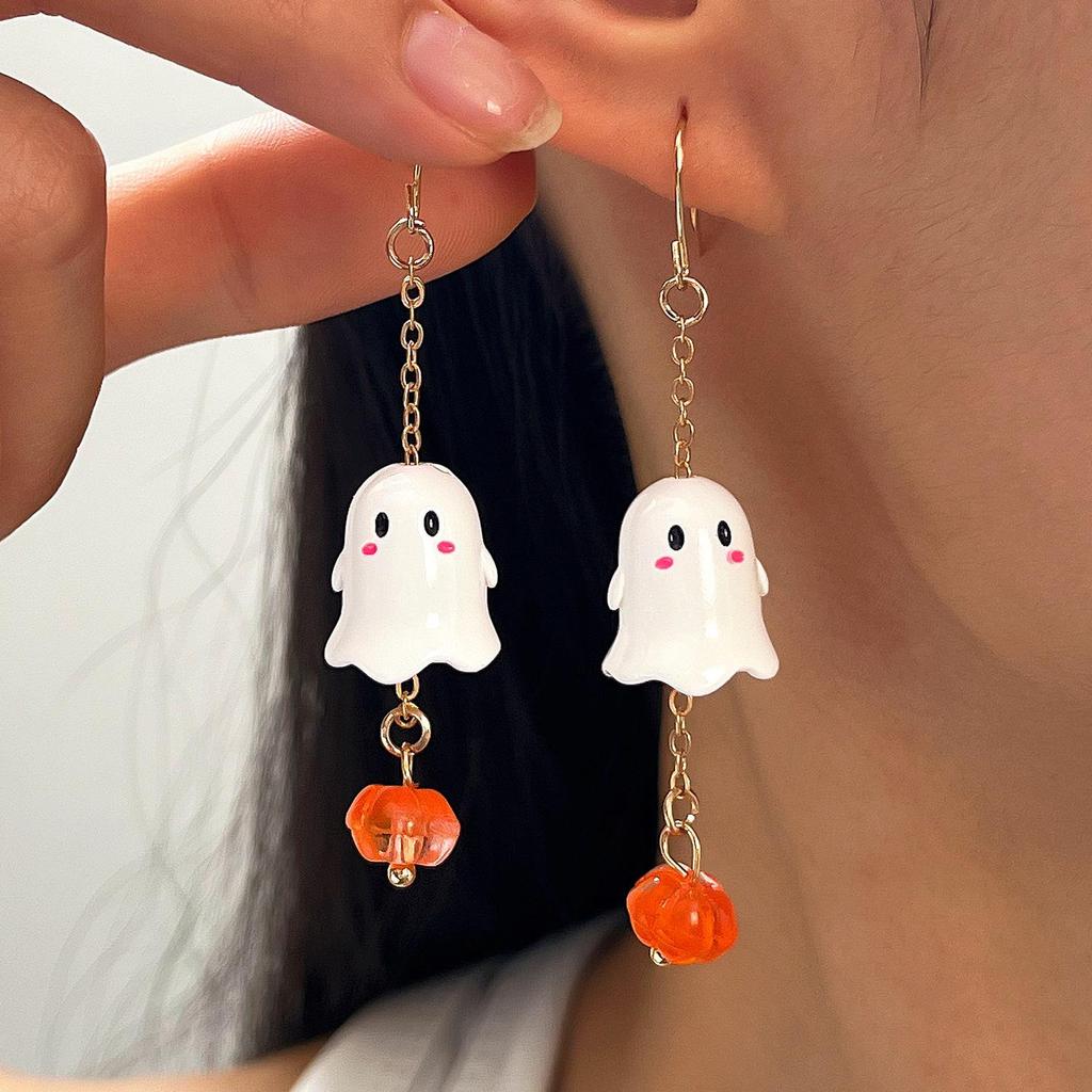 Halloween Cute Ghost & Pumpkin Long Earrings - Black & White Cartoon Devil Pendant Festival Jewelry for Women