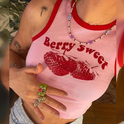 European and American Instagram Retro Pink Strawberry Print Y2K Sexy Short Style Contrast Panel Sleeveless Spicy Girl Tank Top for Women