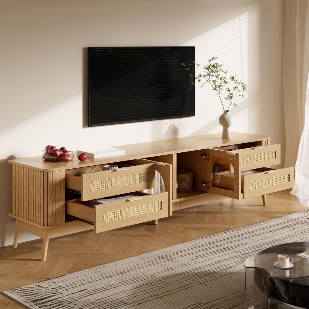 TV Cabinet, Tempered Safety Glass Doors, App-Controllable LED Lighting, Living Room Storage Cabinet, Chipboard, Solid Wood Legs, Four Drawers