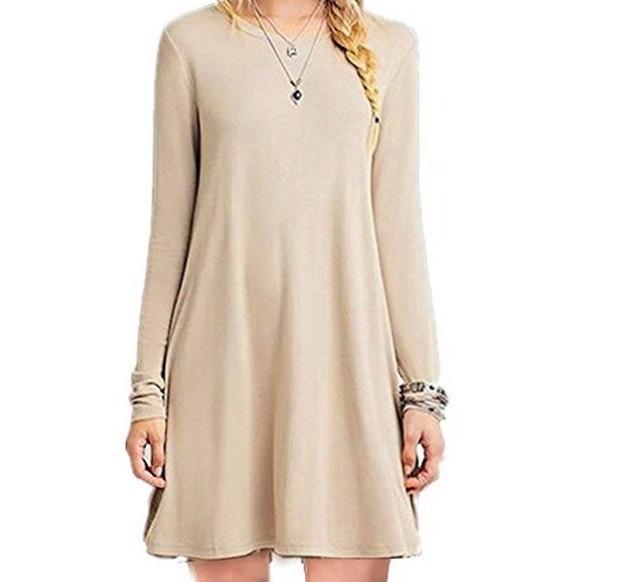 Women's dress, women's long-sleeved loose and thin solid color dress