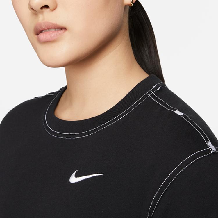 Nike Sportswear Swoosh Logo Patch Lightweight Loose Fit Sports Casual Crew Neck Short Sleeve Dress Women Dresses Black DM6192-010