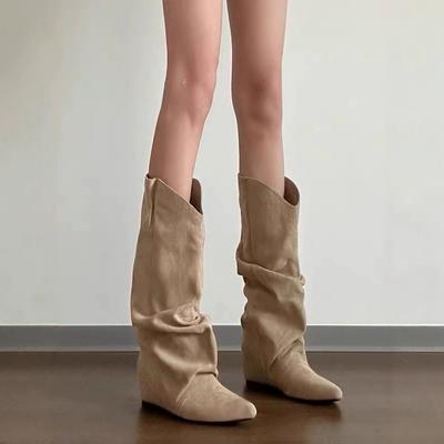 Super Soft Sheepskin~ Brown Western Cowboy Boots Versatile Wasteland Wind Piling Boots Women's Inner Height Increase and Thinness Retro Boots