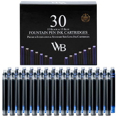 Fountain Pen Ink Refills, Wordsworth & Black, 15 Black + 15 Blue, 30-pack, International Standard Size