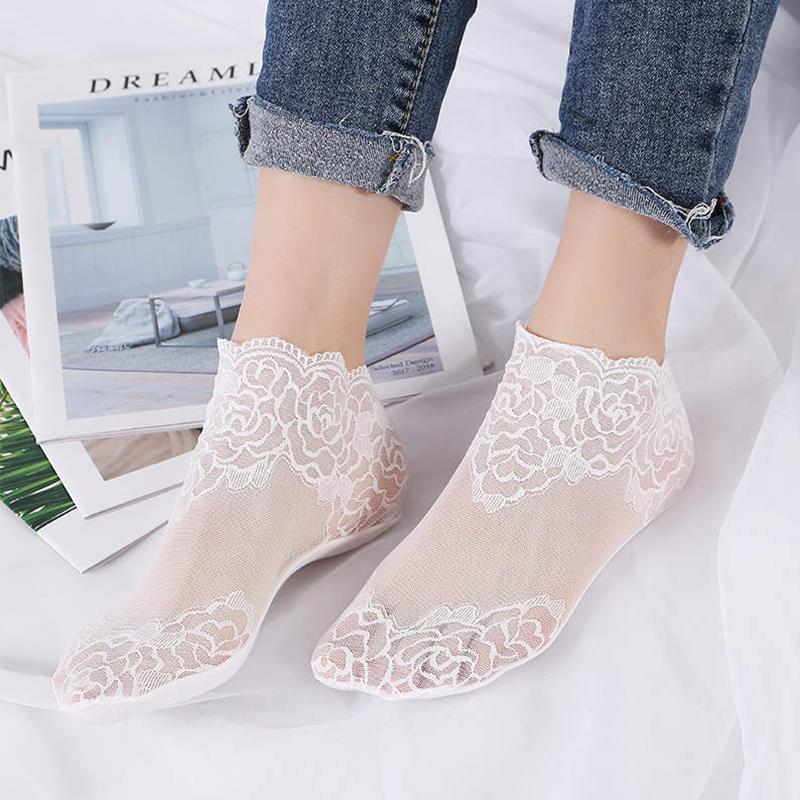 Socks Women's Lolita Lace Fashion Transparent Invisible Thin Cotton Non-Slip Short Ankle Black White Print Ruffles Boat Sock