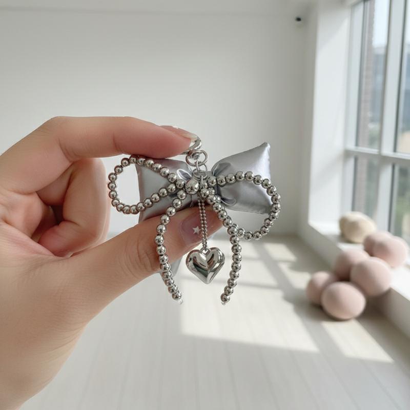 Y2K Bow Bag Charm Beaded Heart Pendant Cute Fashion Keychain Accessory For Handbag Backpack Hanging Decoration Keyrings