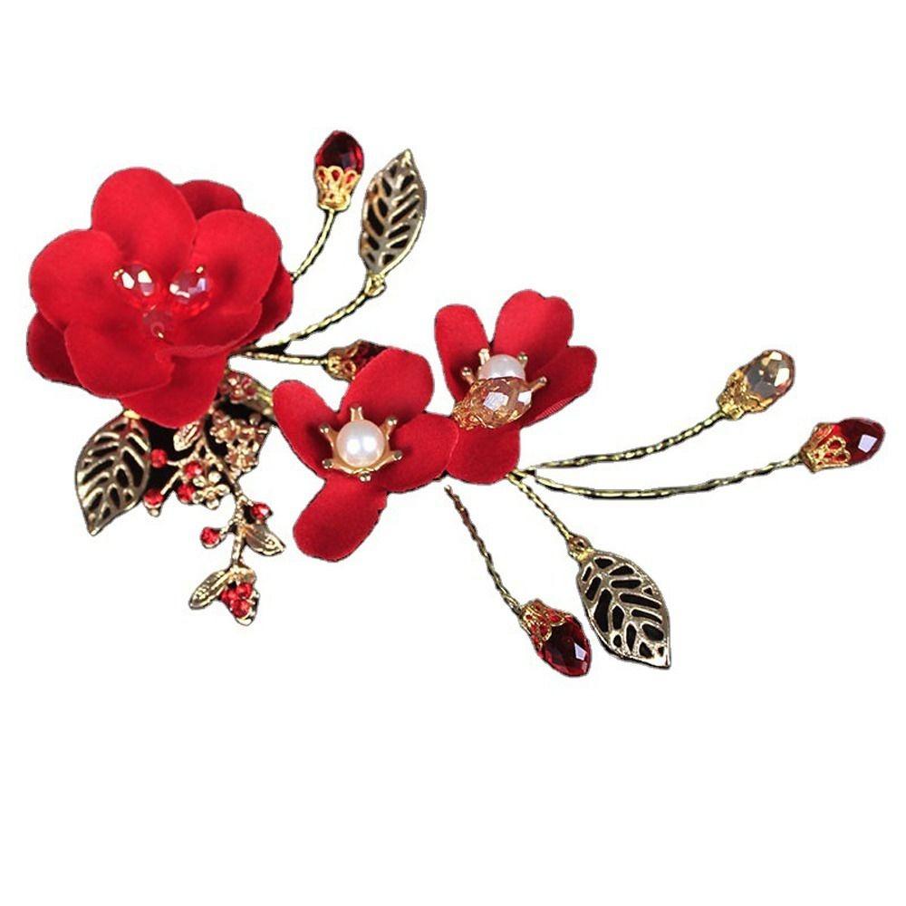 

Bride Pearl Red Flower Duckbill Clips Women Barrettes Chinese Hanfu Hair Clips Festival Hairpins красный