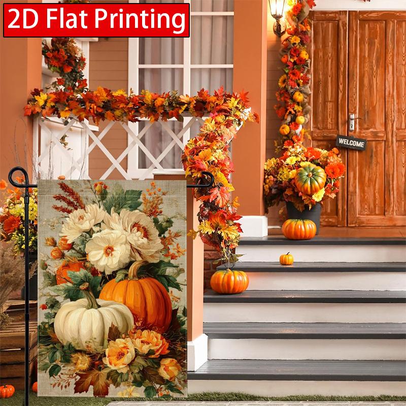 2D Flat - 2D Flat Thanksgiving Pumpkin Flower Garden Flag X 2 (1) Outdoor Garden Flag Double-Sided Home Decoration Courtyard Decoration Outdoor Decor