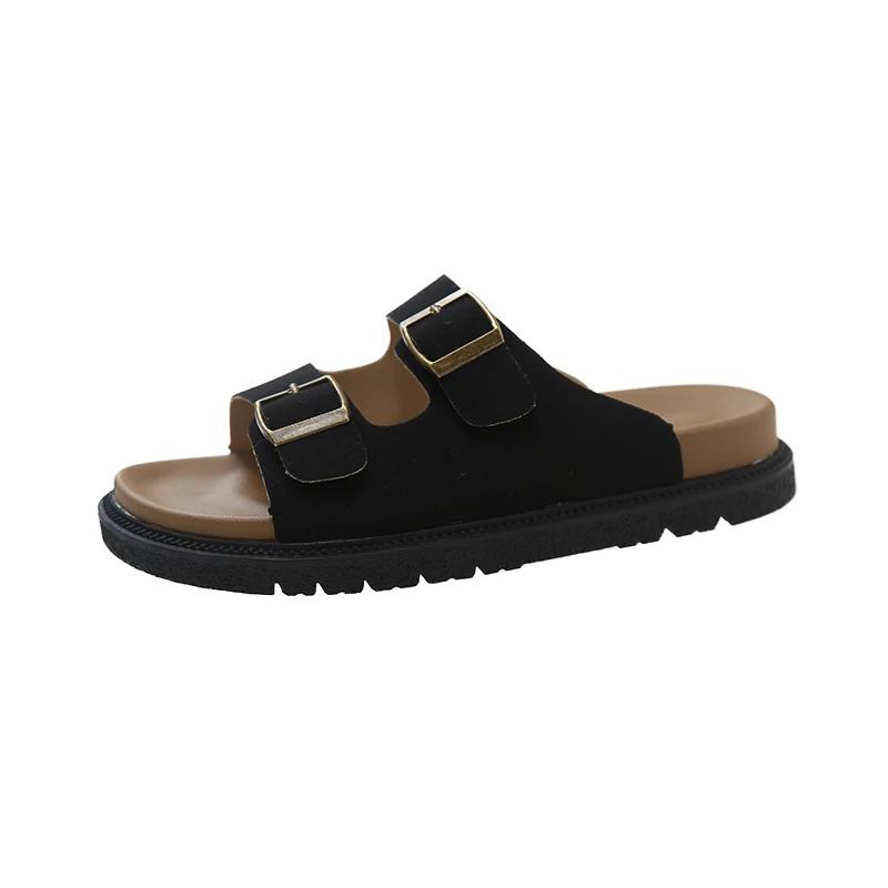 2024 Summer Women's Two Buckle Cork Slippers Cow Suede Leather Flats Sandals For Women Retro Fashion Garden Mule Clog Slides