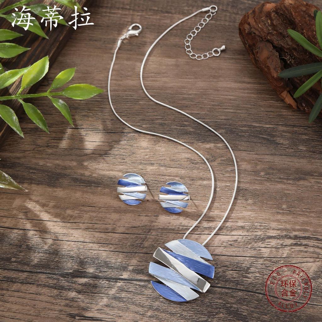 New Color Painting Oil Geometric Lines Round Stud Earrings Pendant Set, Fashionable Women's Versatile Neck Chain