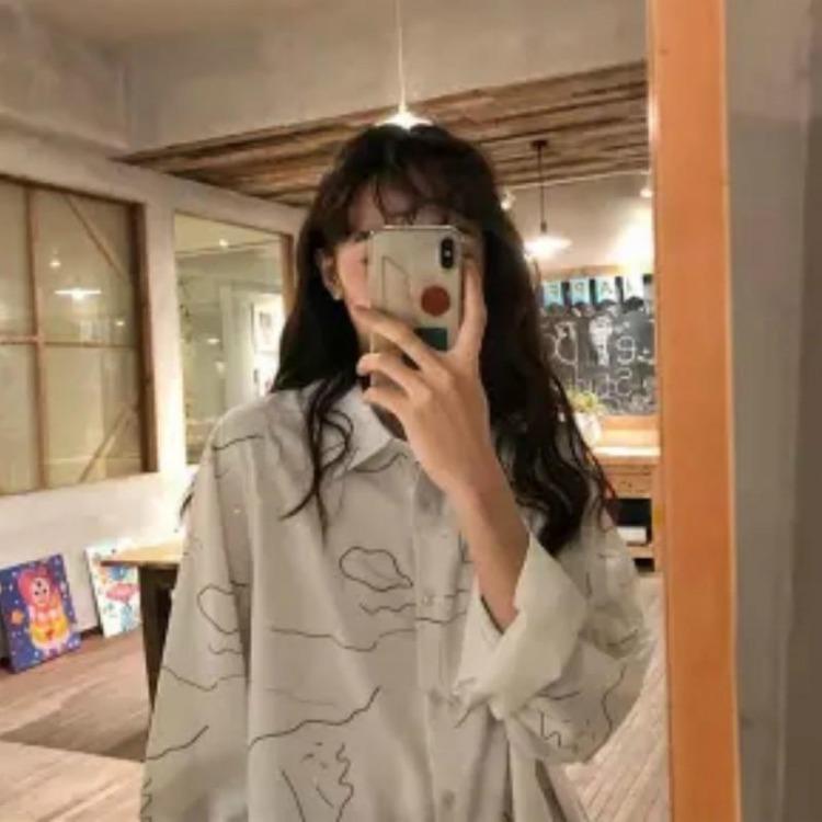 

Vintage Harajuku Cat Blouse Spring Fashion Loose Long Sleeve Shirt Turn Down Collar L