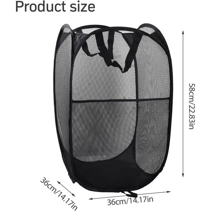 Panier à linge pliable pop-up en maille noir - grande capacité 36×36×58 cm, pliable 19×19 cm