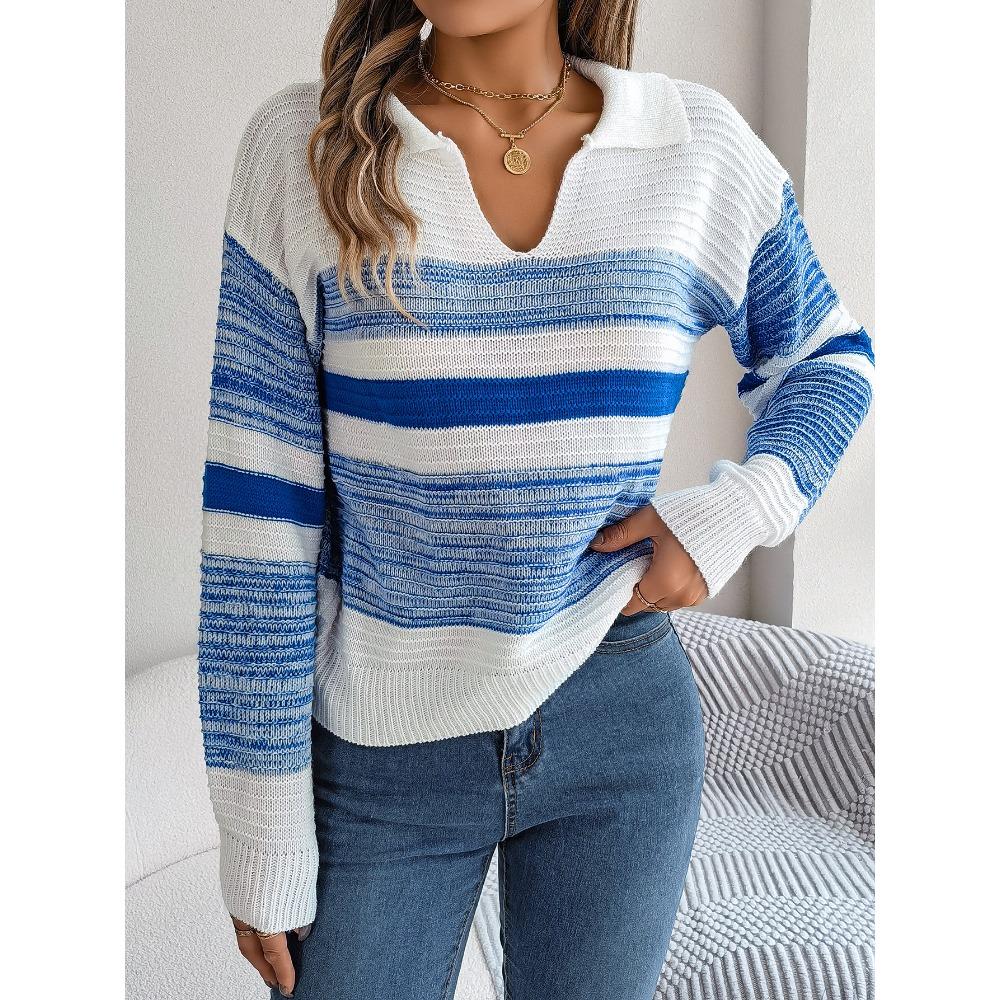 Women's Hooded Sweatshirt with Casual Collar and Contrast Striped Long-Sleeved Knitted Pullover