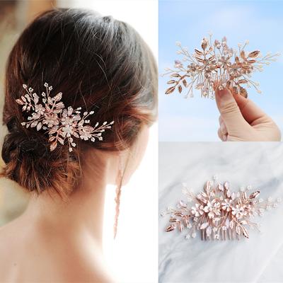 Gül Altın Renkli Kristal İnci Çiçek Yaprak Saç Tarağı Klips Toka Saç Bandı Kadınlar Gelin İçin