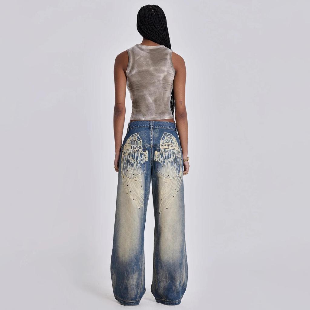 Retro Wing Print Rivet Wide-Leg Jeans