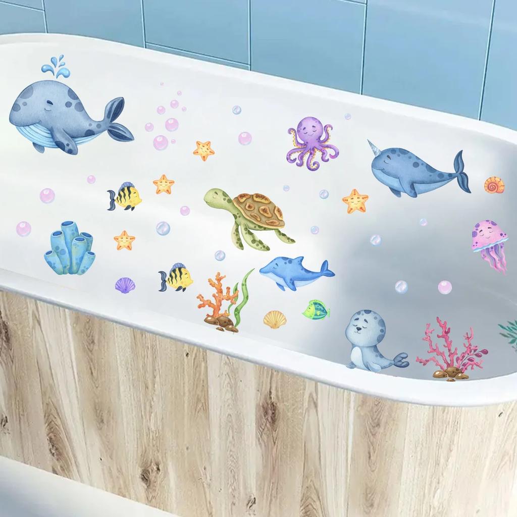 1Pc Whales Turtles Dolphins Cartoon Marine Animal Wall Stickers For Bathroom Bathtub Kids Baby Room Decor Bedroom Decoration