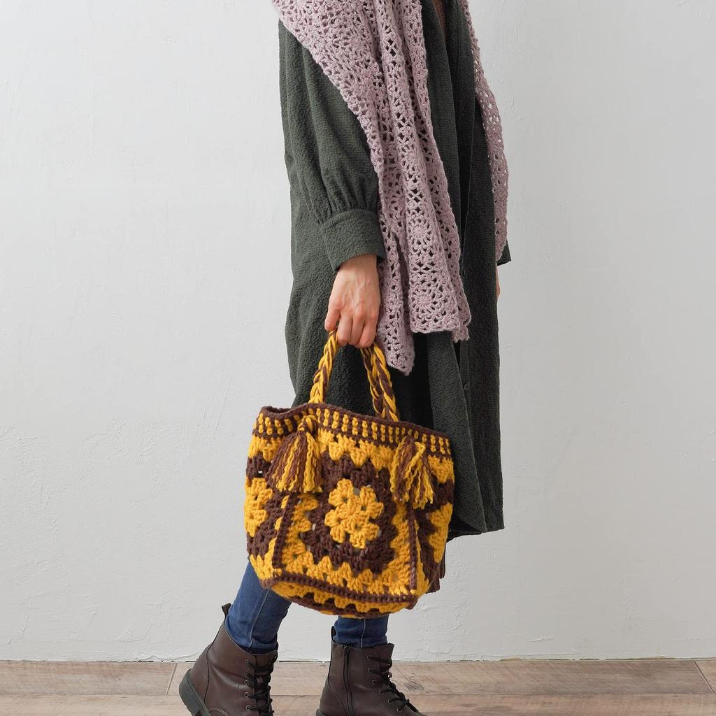 Raw Wool Knitting Kit Large Motif Bag In Mustard -