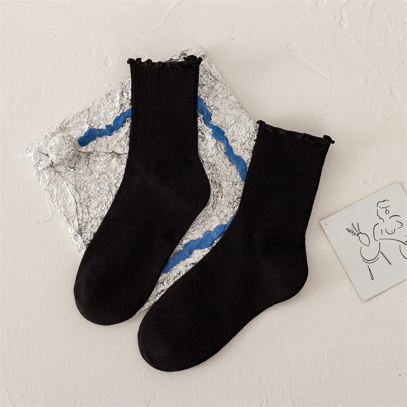 Female Spring and Summer Simple Pure Color Fungus Edge College Wind Breathable Tube Cotton Socks