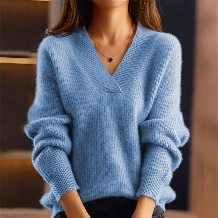 Women's Autumn and Winter V-neck Solid Colour Knitwear Tops Multicoloured Bottoming Shirt Pullover Sweater