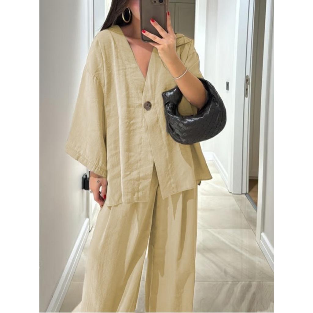 Causal Oversized Solid Pant Suit Women Single Button Long Sleeve V-neck Shirt Set Summer Casual Lady Streetwear